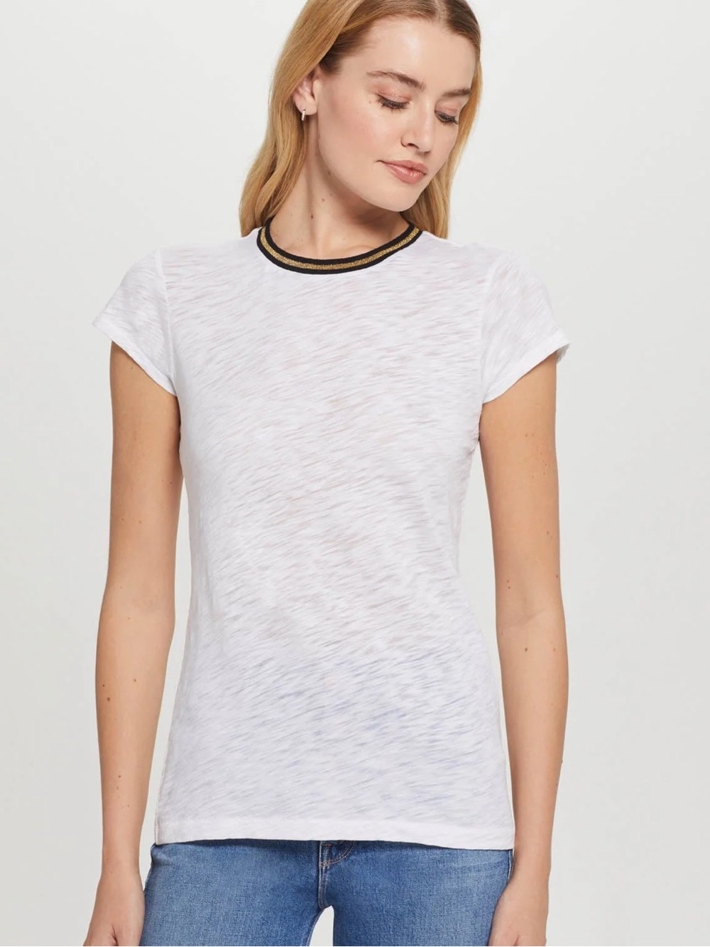 Goldie Metallic Tipped White Burnout Ringer Short Sleeve Tee Shirt Small